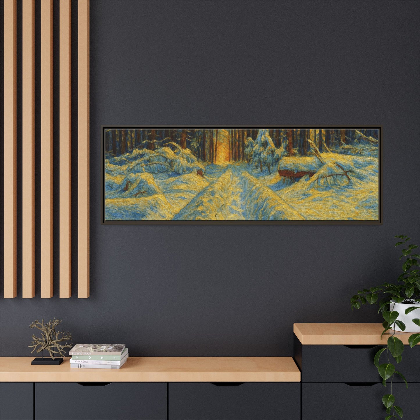 Framed matte canvas print of a snowy forest path at sunset, wall art by Printify showing winter landscape scene.