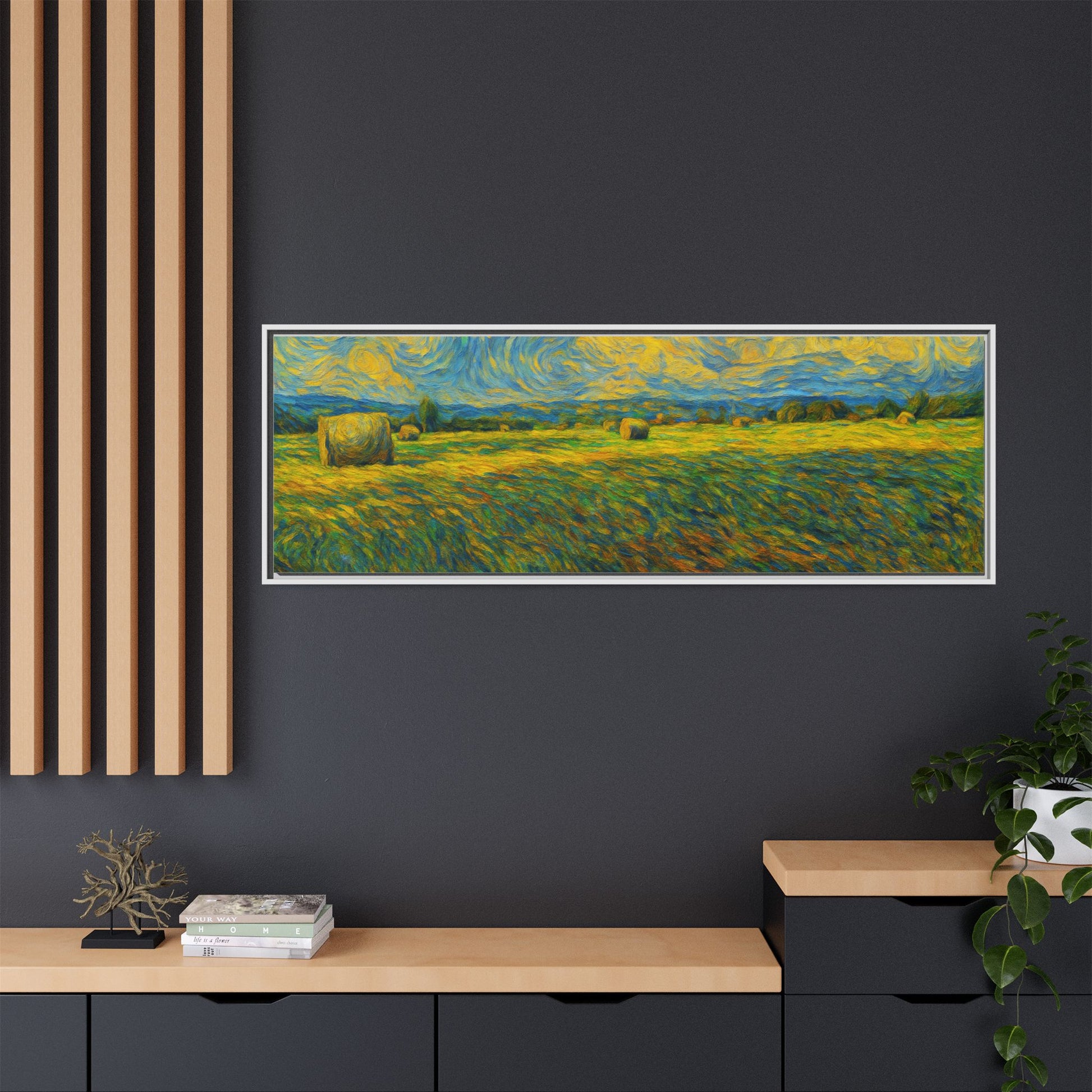 Framed landscape matte canvas print by Printify featuring colorful scenic artwork on high-quality canvas.