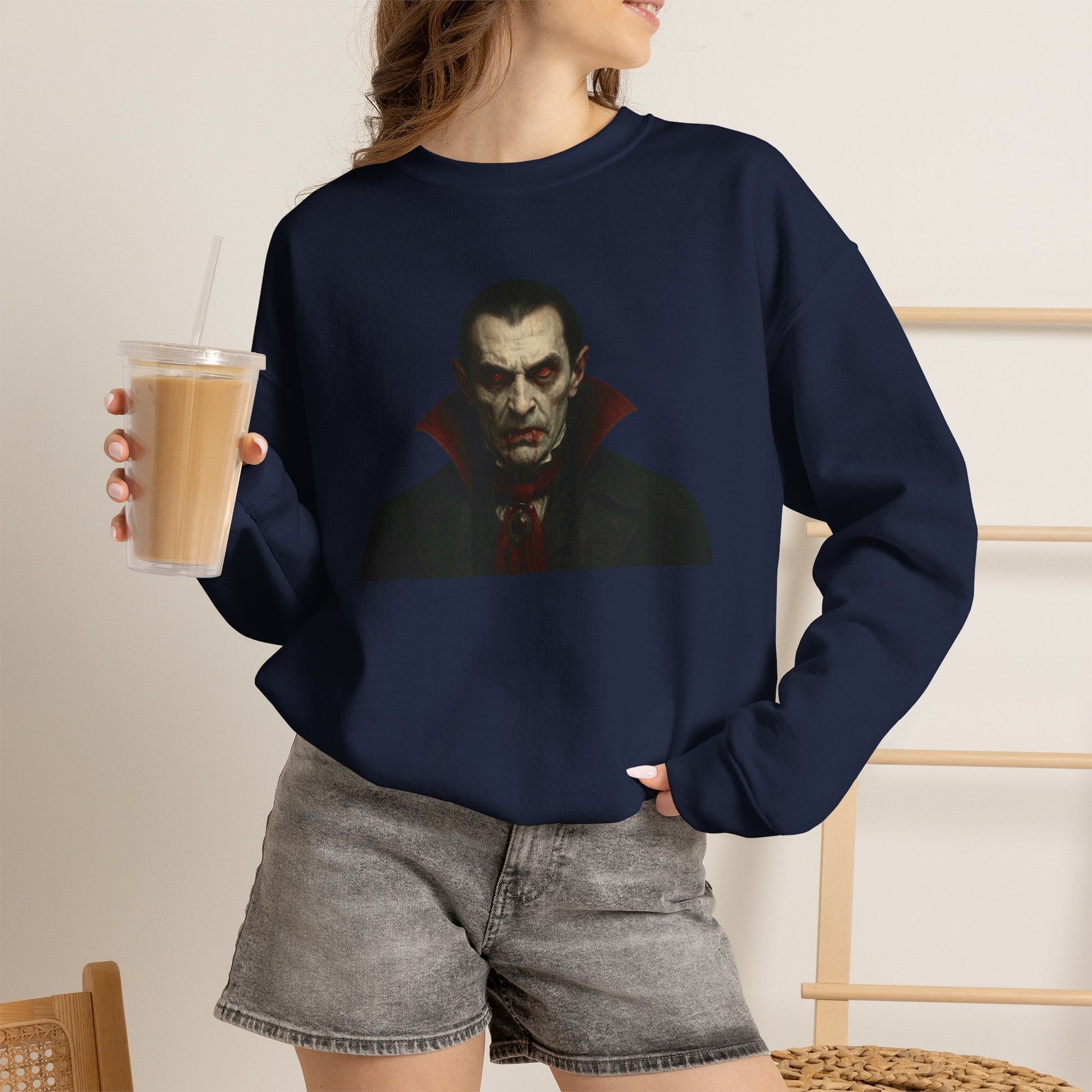Printify vampire portrait crewneck sweatshirt featuring a detailed vampire design on a comfortable cotton fabric.