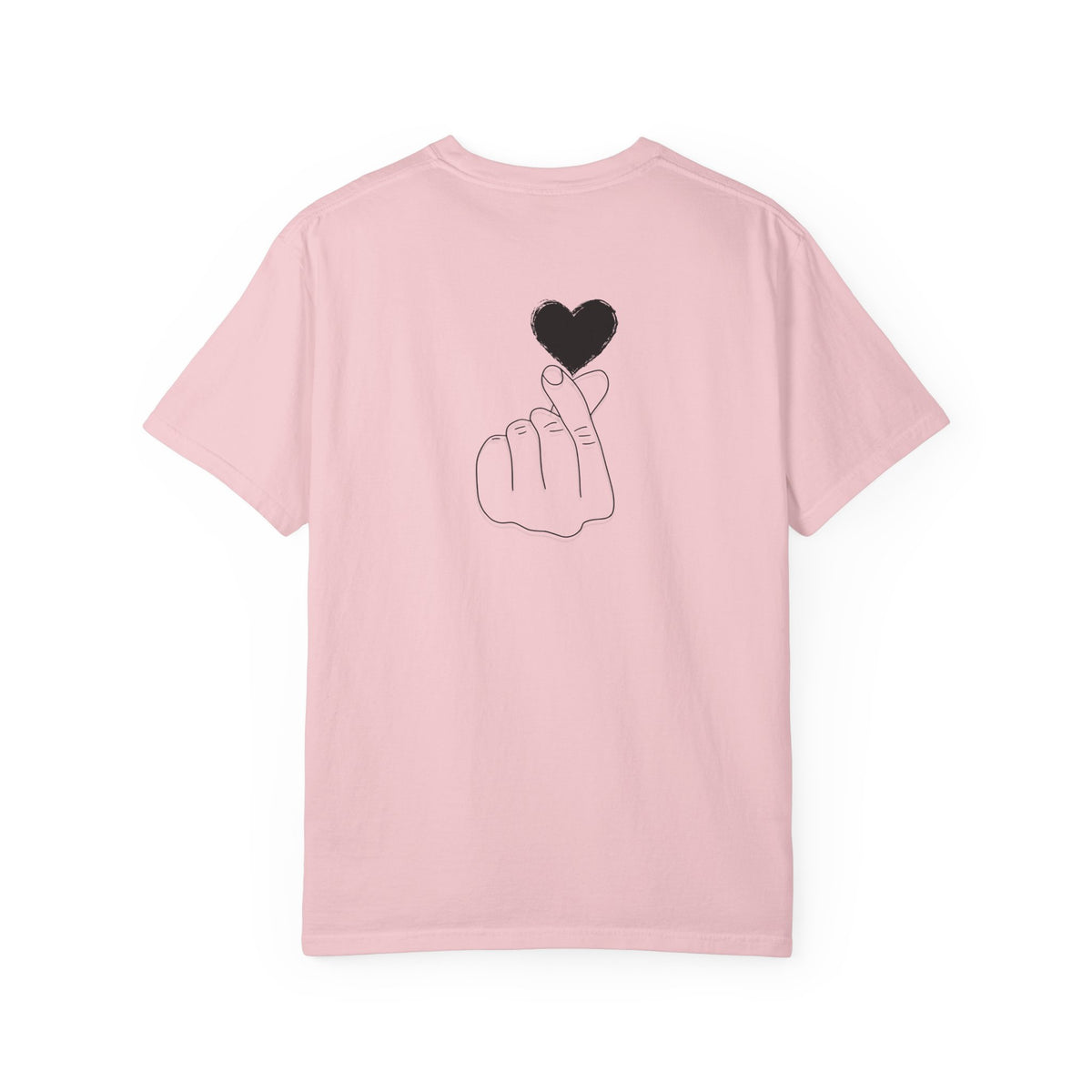 Black T-shirt with minimal print of a finger heart graphic, designed by Printify, featuring a simple black heart illustration.