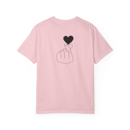 Black T-shirt with minimal print of a finger heart graphic, designed by Printify, featuring a simple black heart illustration.