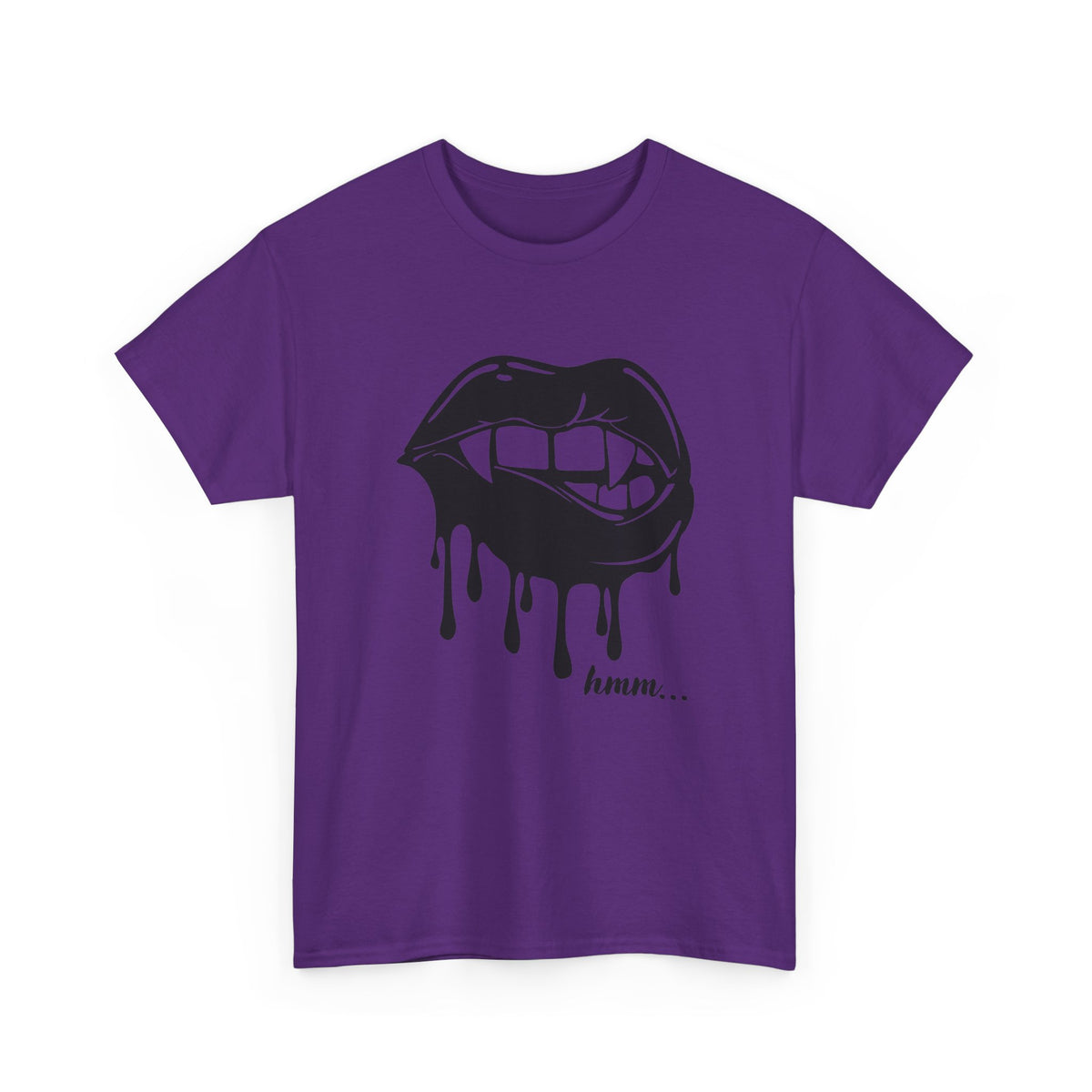 Graphic T-Shirt with dripping lips and "hmm..." bite design in black and white, by Printify, on a casual fit tee.