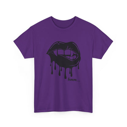 Graphic T-Shirt with dripping lips and "hmm..." bite design in black and white, by Printify, on a casual fit tee.