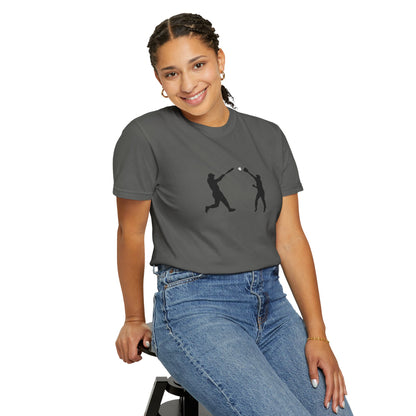 Black baseball silhouette graphic T-shirt for men, featuring minimal baseball player design, casual style, Printify brand.
