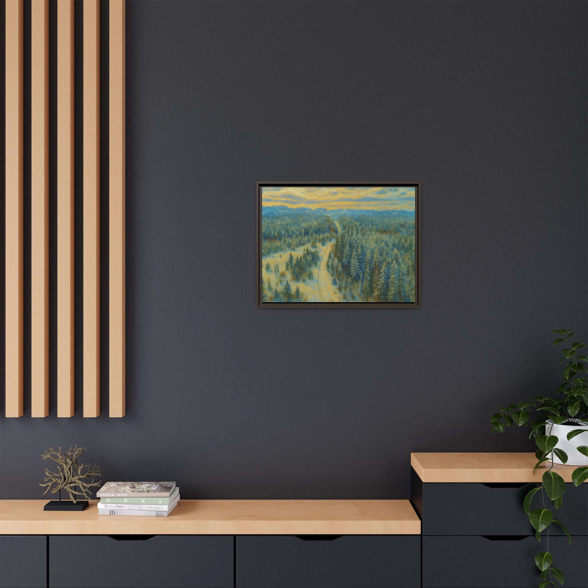 Framed matte canvas print of a serene winter forest landscape by Printify, showcasing snow-covered trees and peaceful scenery.