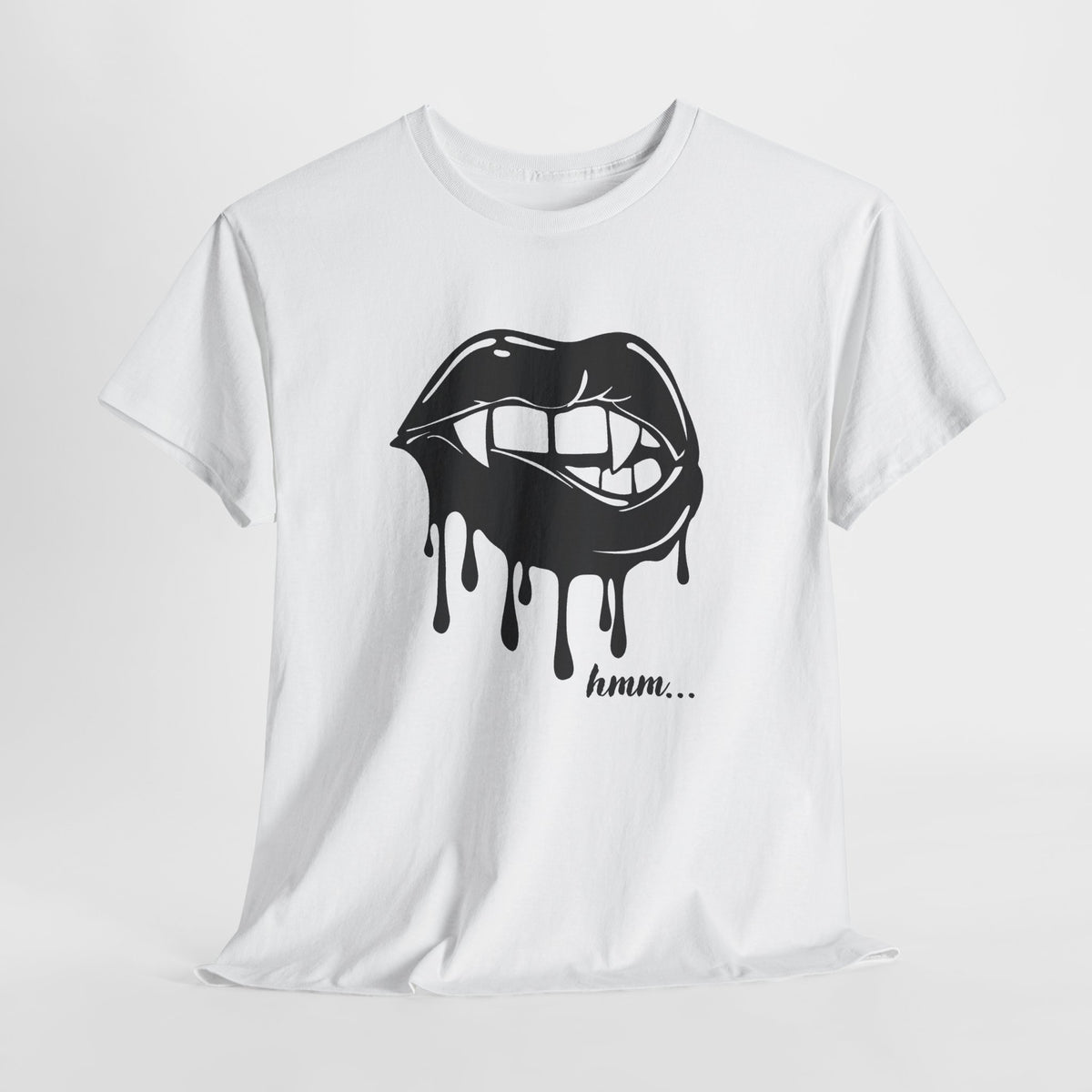 Black graphic T-shirt from Printify featuring a dripping lips 'hmm...' bite design on the front.
