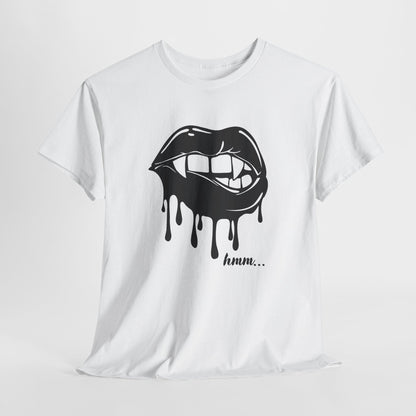 Black graphic T-shirt from Printify featuring a dripping lips 'hmm...' bite design on the front.