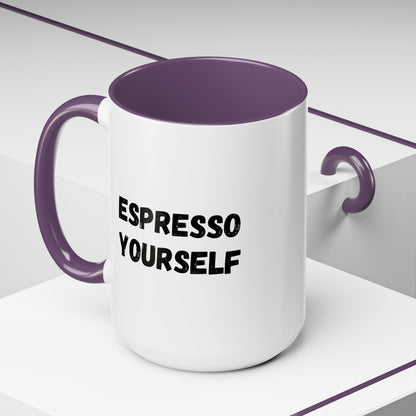 Black ceramic espresso mug with "Espresso Yourself" funny coffee lover quote, 11 oz capacity, Printify brand.