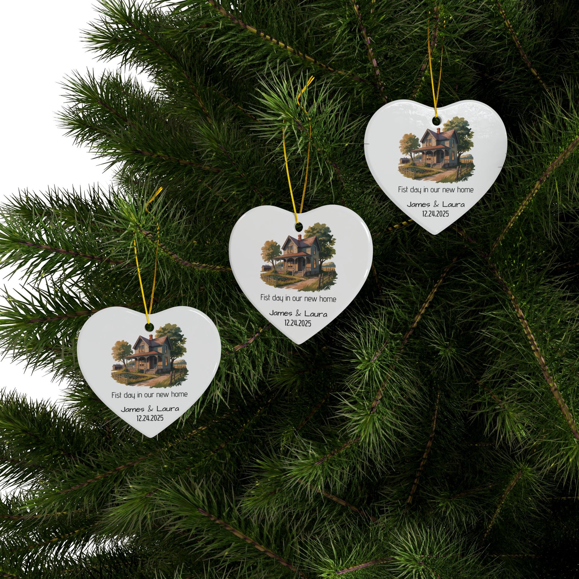 Vintage house illustration ceramic ornament with personalized name and date, decorative home-themed ornament by Printify.