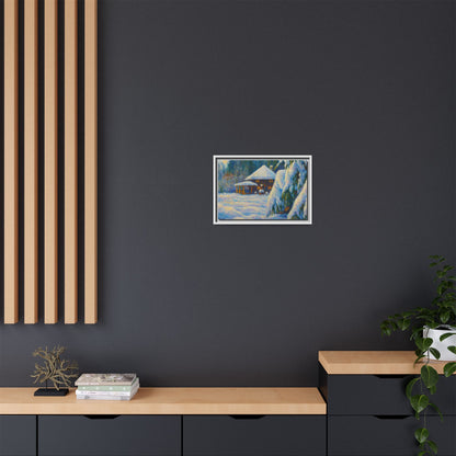 Framed matte canvas of a snowy cabin winter landscape wall art by Printify, showcasing a cozy winter scene with trees and snow.