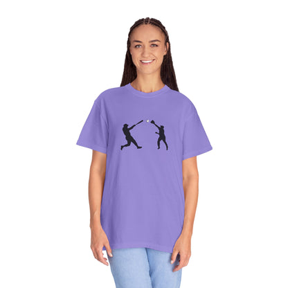 Black baseball silhouette graphic T-shirt for men, featuring minimalist baseball player design, made by Printify.