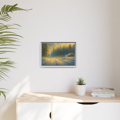 Framed winter cabin canvas print featuring a snowy forest sunset, wall art by Printify showcasing a peaceful winter scene.