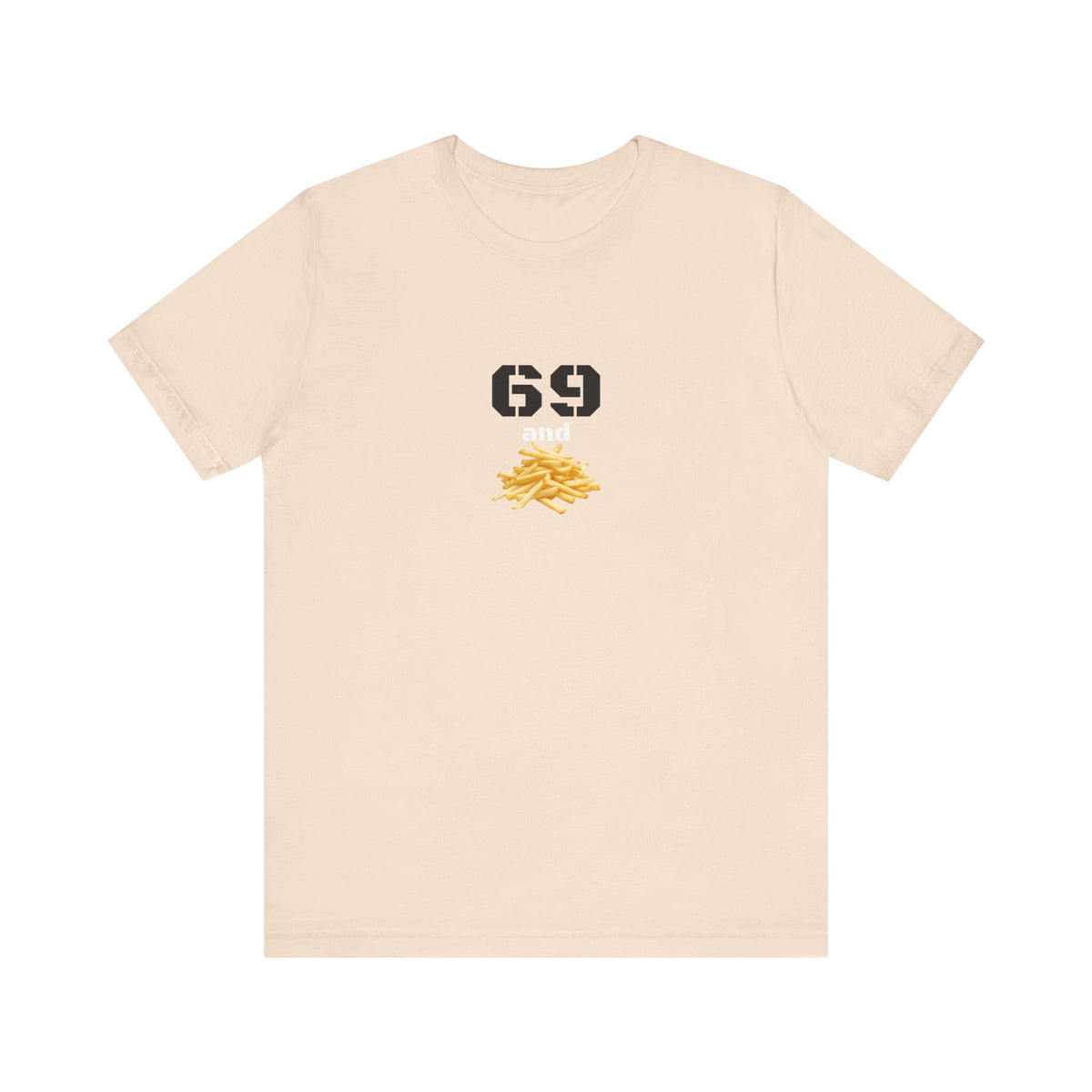 Unisex graphic T-shirt featuring a playful 69 and French fries design in black and white, casual style by Printify.