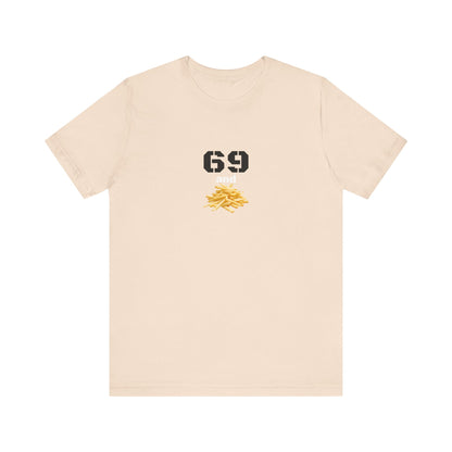 Unisex graphic T-shirt featuring a playful 69 and French fries design in black and white, casual style by Printify.
