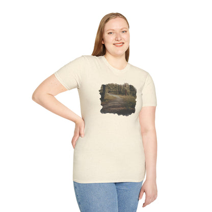 Vintage forest landscape print on Nature Pathway T-Shirt by Printify, featuring a detailed nature scene on a casual tee.