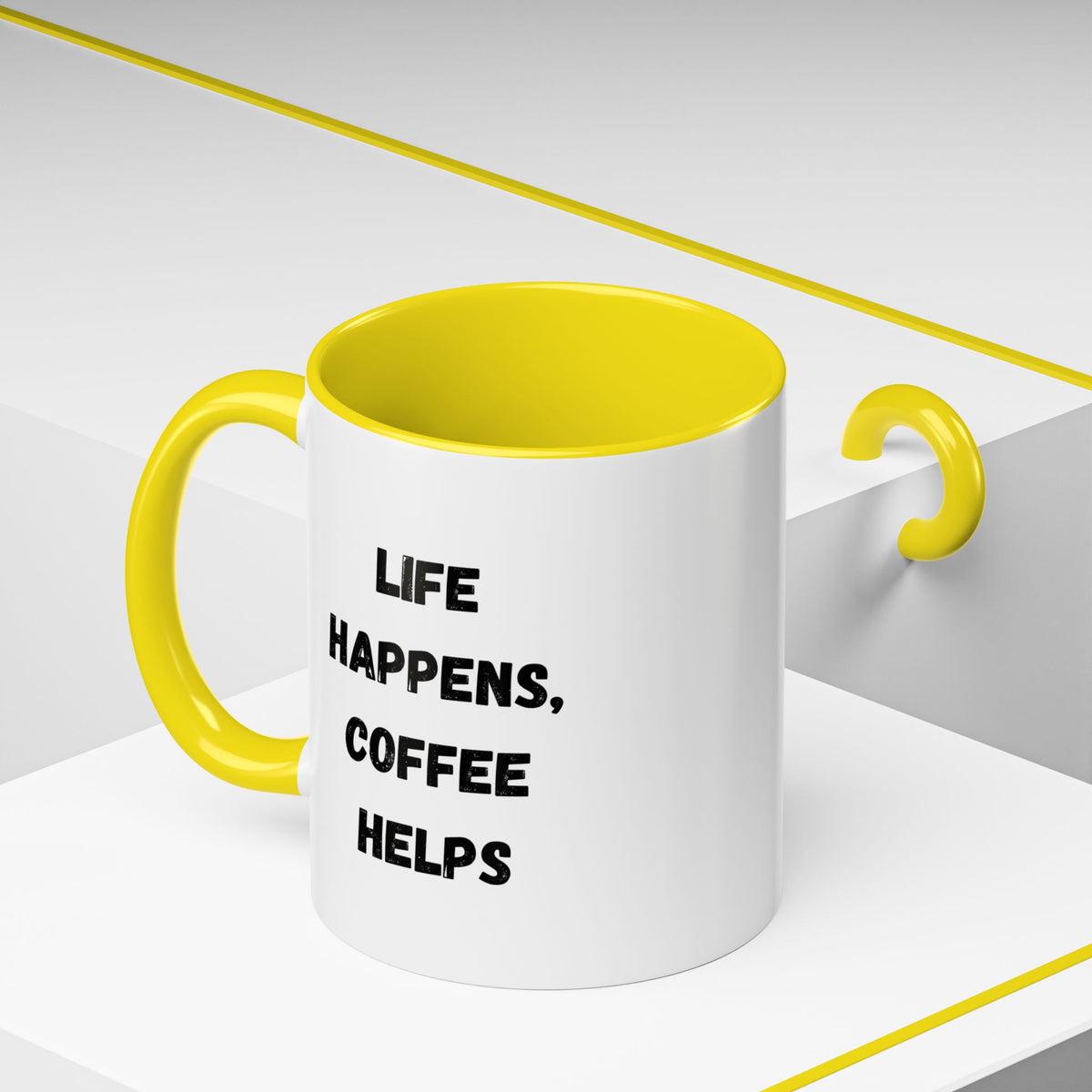 Black handle and rim coffee mug with "Life Happens Coffee Helps" text, 11oz or 15oz size, by Printify.
