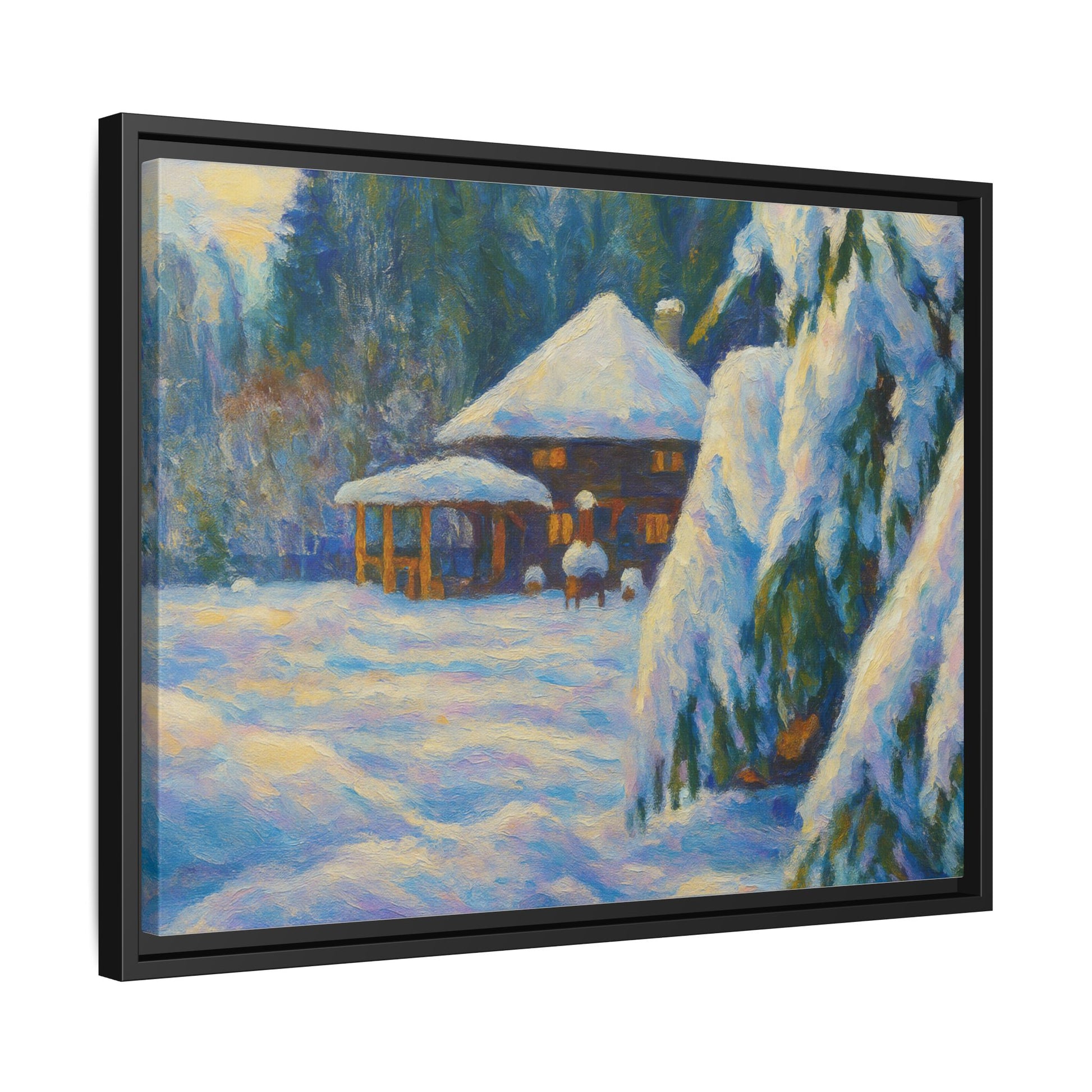 Framed matte canvas print of a snowy cabin winter landscape, featuring a cozy cabin amidst snow-covered trees.