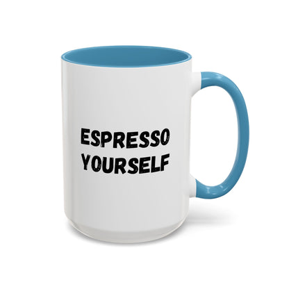 White ceramic espresso mug with "Espresso Yourself" text, perfect for coffee lovers, 11 oz size, by Printify.
