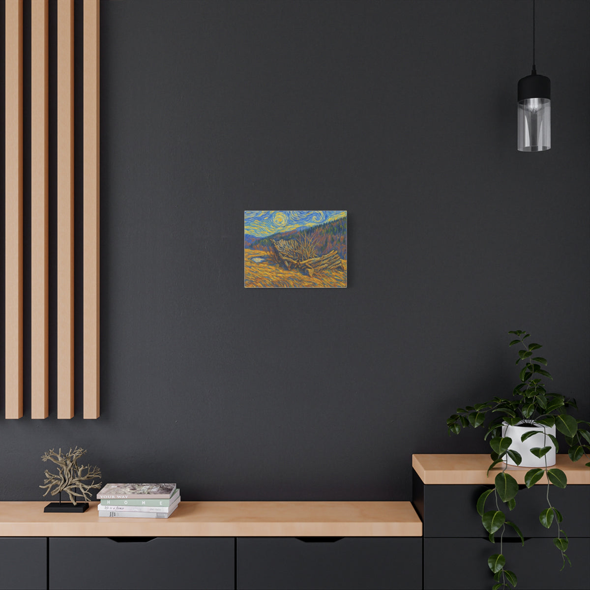 Impressionist Starry Landscape canvas print by Printify featuring a vibrant night sky scene on a textured canvas.