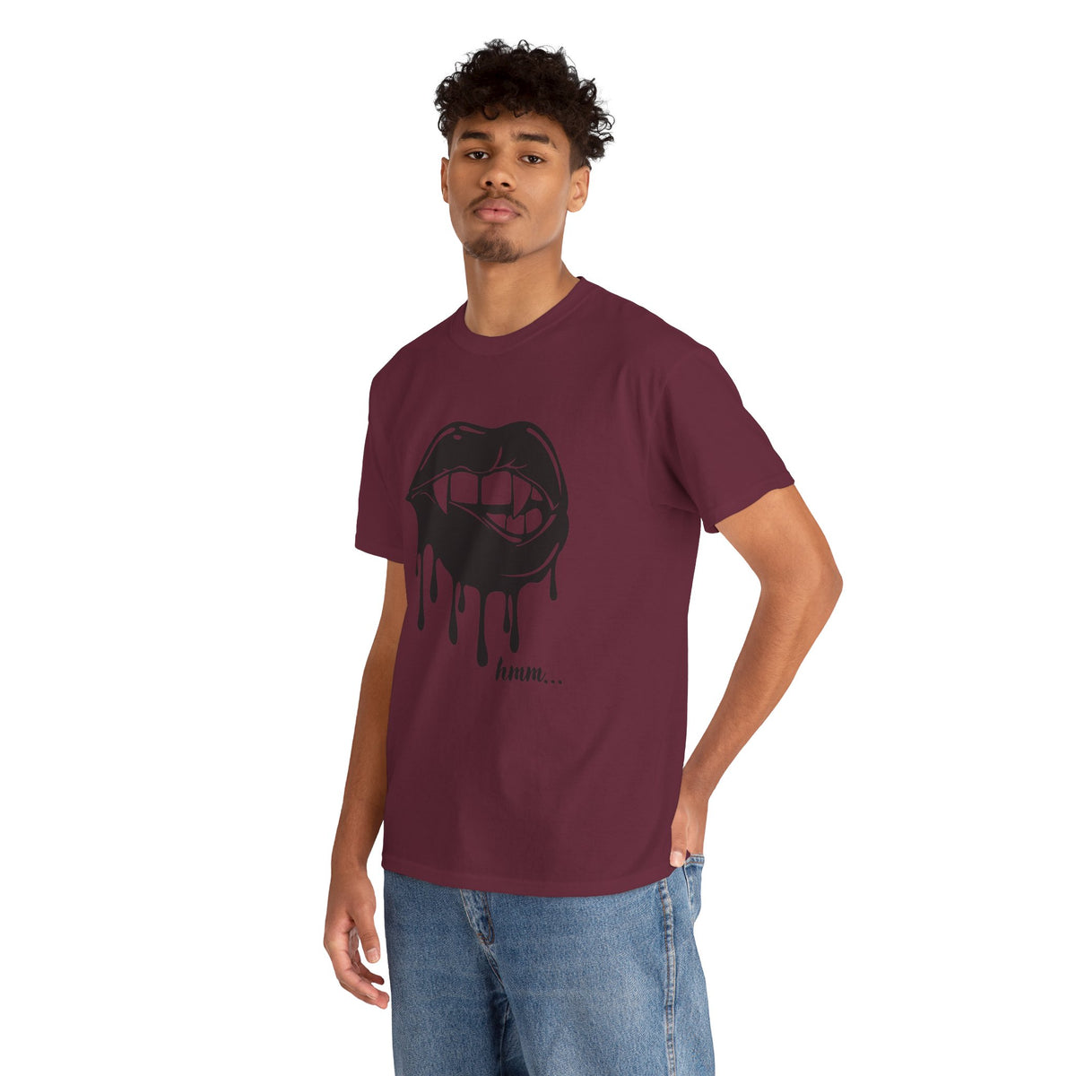 Black graphic T-shirt by Printify featuring dripping lips with 'hmm...' bite design on the front.