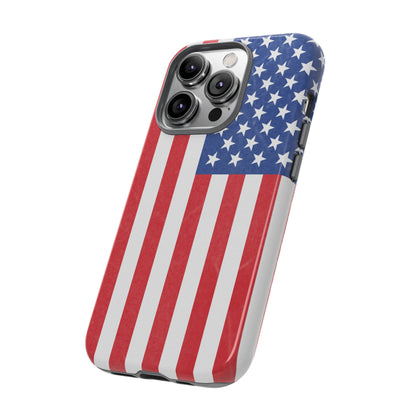 Durable American flag phone case for iPhone by Printify, featuring a patriotic design and protective, tough cover.