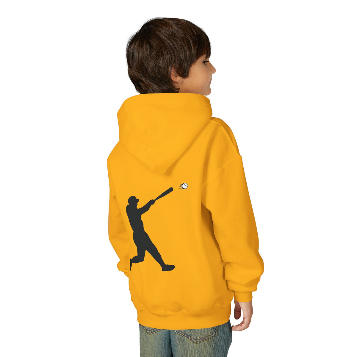 Youth baseball silhouette hoodie for kids, featuring a baseball player graphic on a pullover sweatshirt by Printify.
