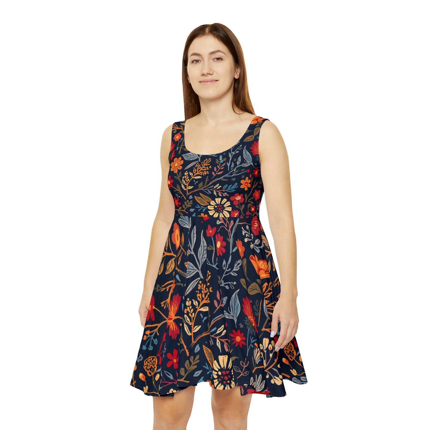 Floral Night Garden skater dress with all-over print by Printify, featuring a vibrant floral pattern on a stylish dress.
