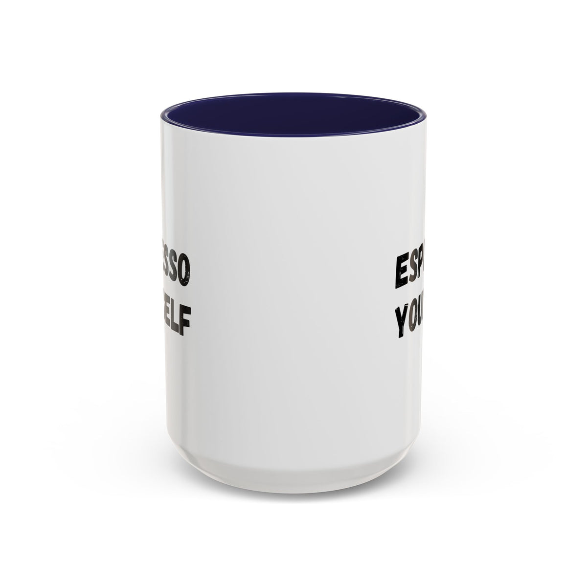 Espresso Yourself accent coffee mug with humorous coffee lover design in 11 oz size by Printify, featuring a playful message.
