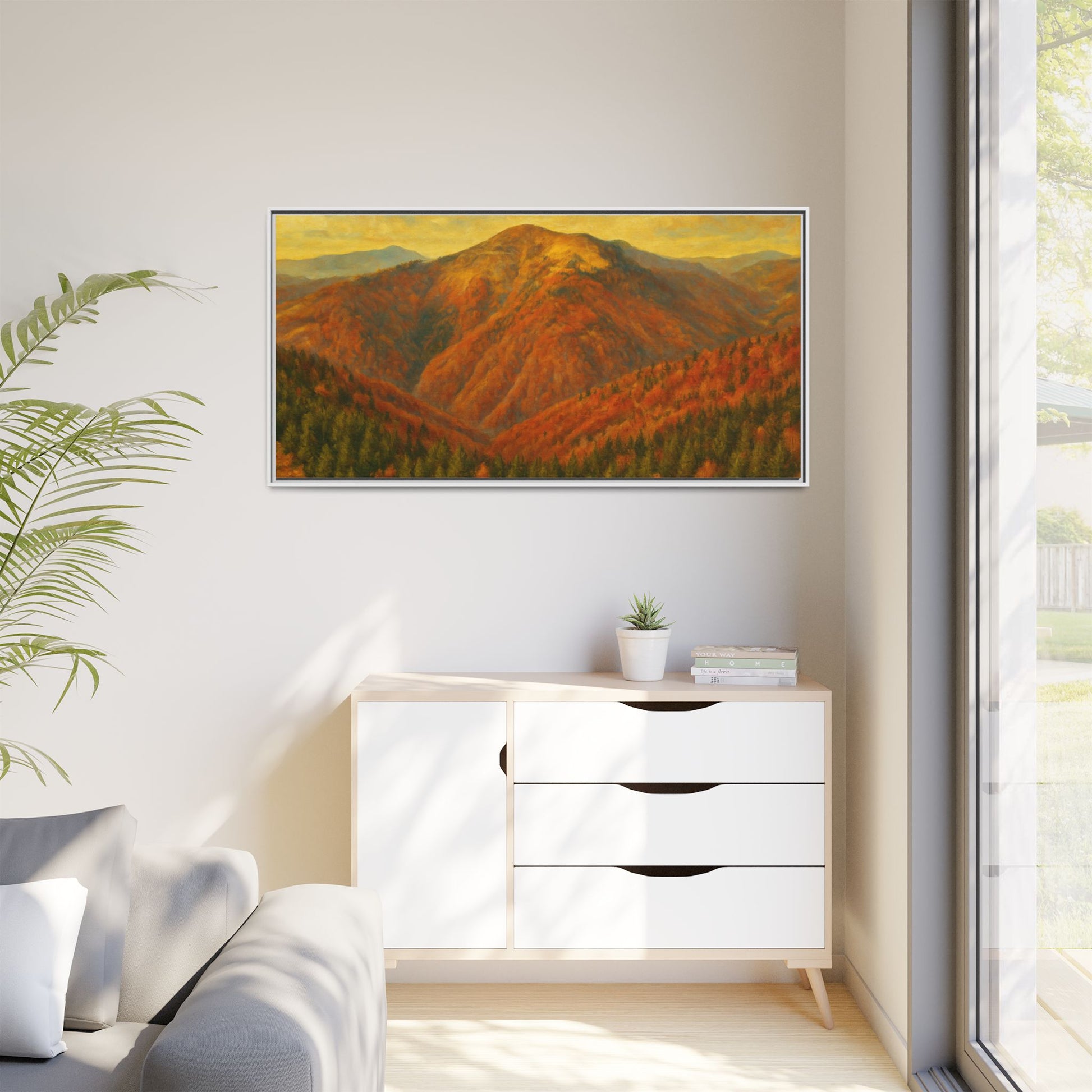 Autumn mountain landscape canvas wall art by Printify featuring a matte framed print of scenic mountain and forest in fall colors.