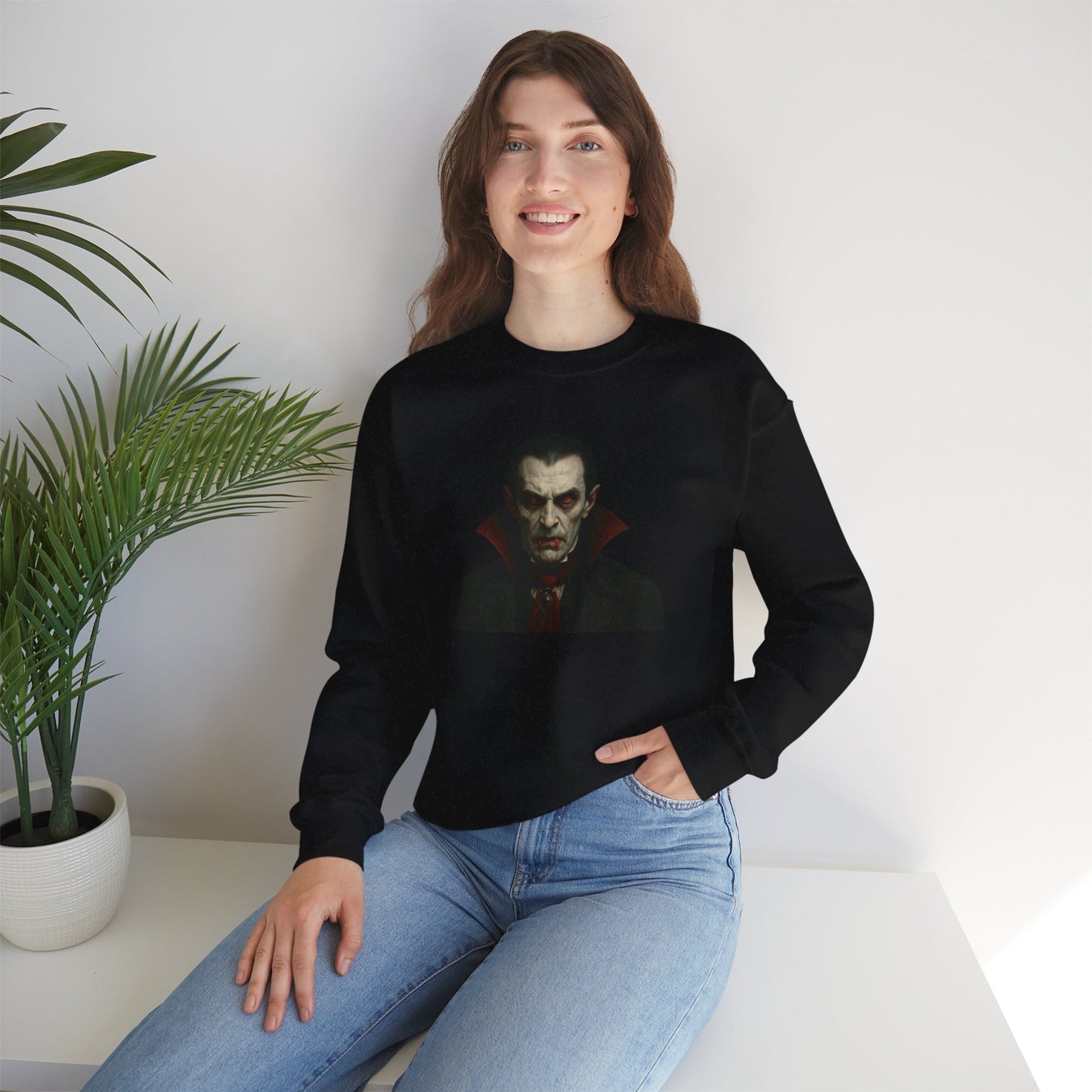Vampire portrait crewneck sweatshirt by Printify featuring a detailed vampire graphic on a comfortable black sweatshirt.