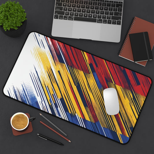 Colorful abstract flag brushstroke desk mat by Printify, featuring red, yellow, and blue design for gaming or office use.