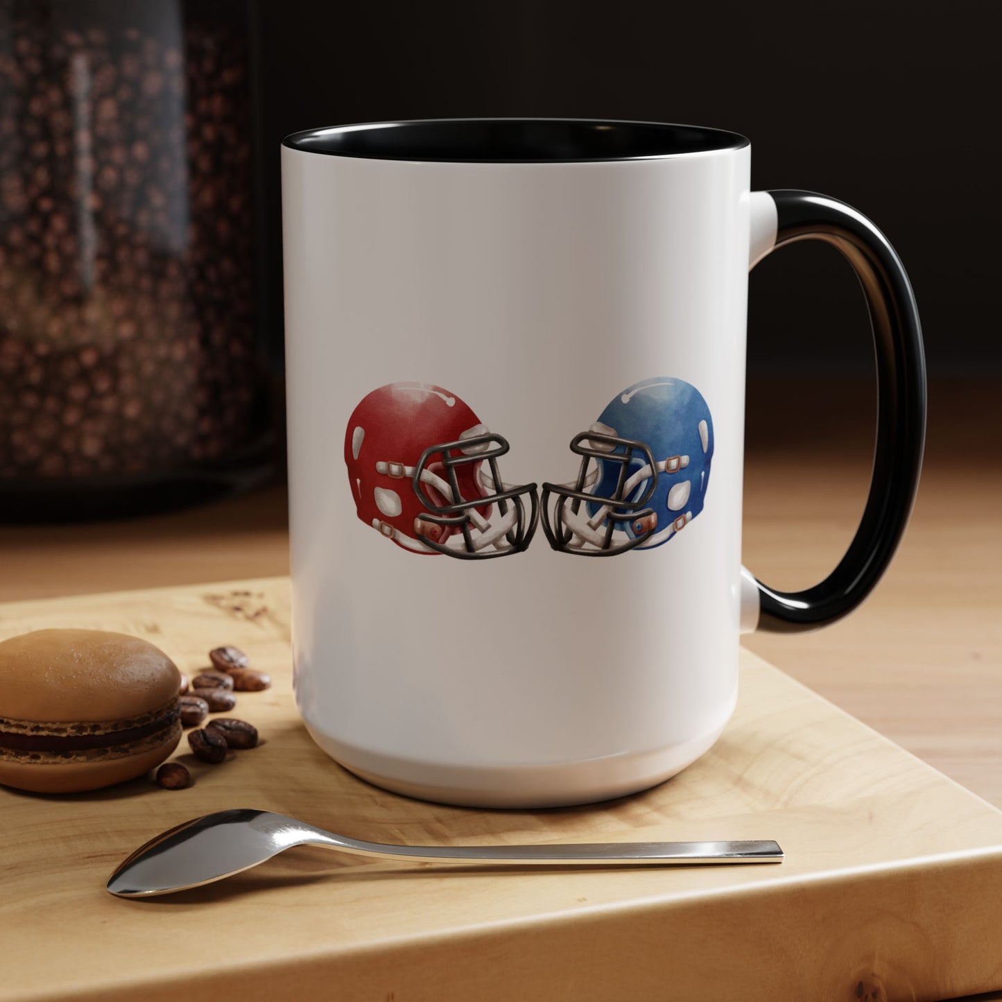 Football Helmet Coffee Mug — Red vs Blue Rivalry Accent Mug (11/15oz)