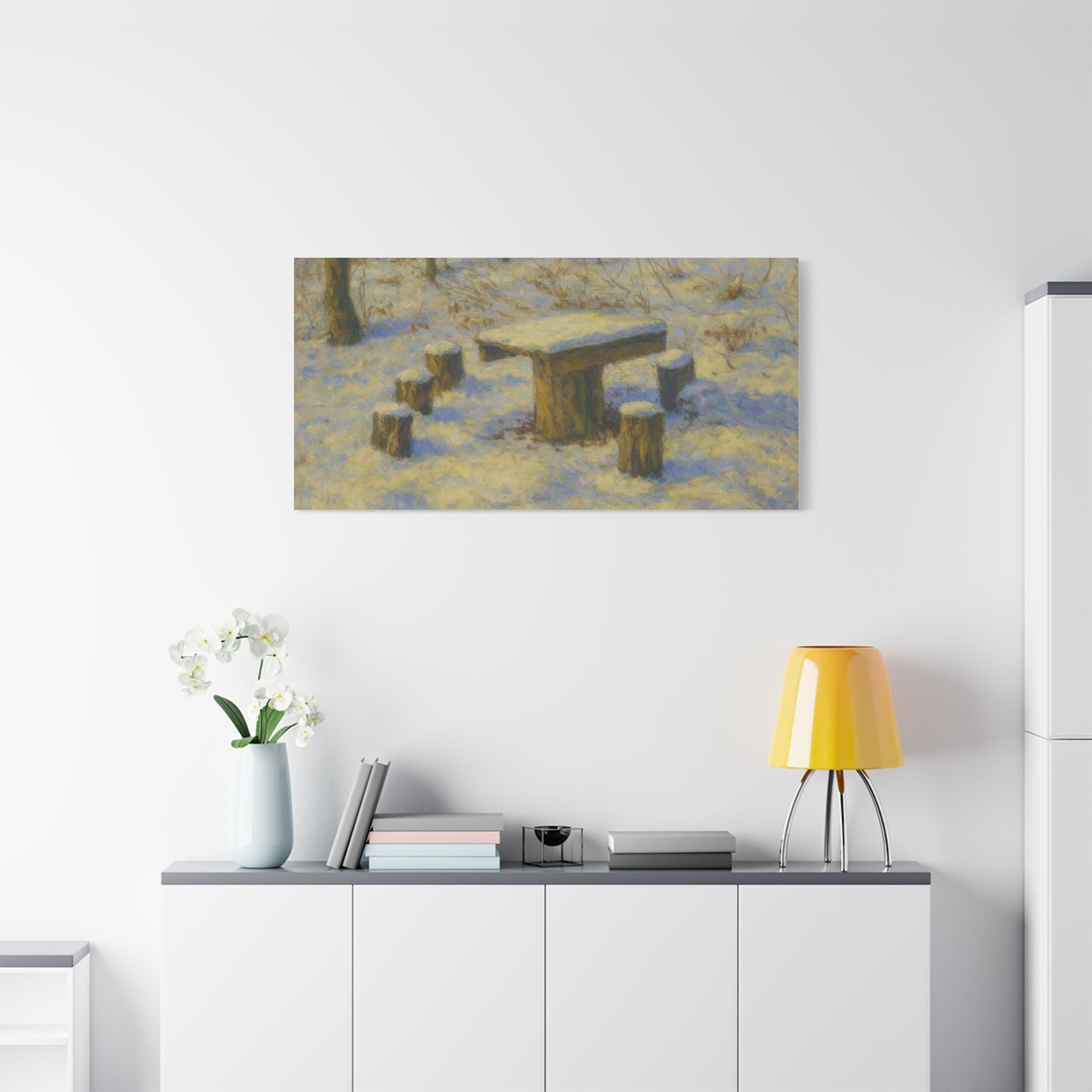 Snowy forest winter landscape canvas wall art by Printify, matte stretched print showcasing a snowy forest scene.