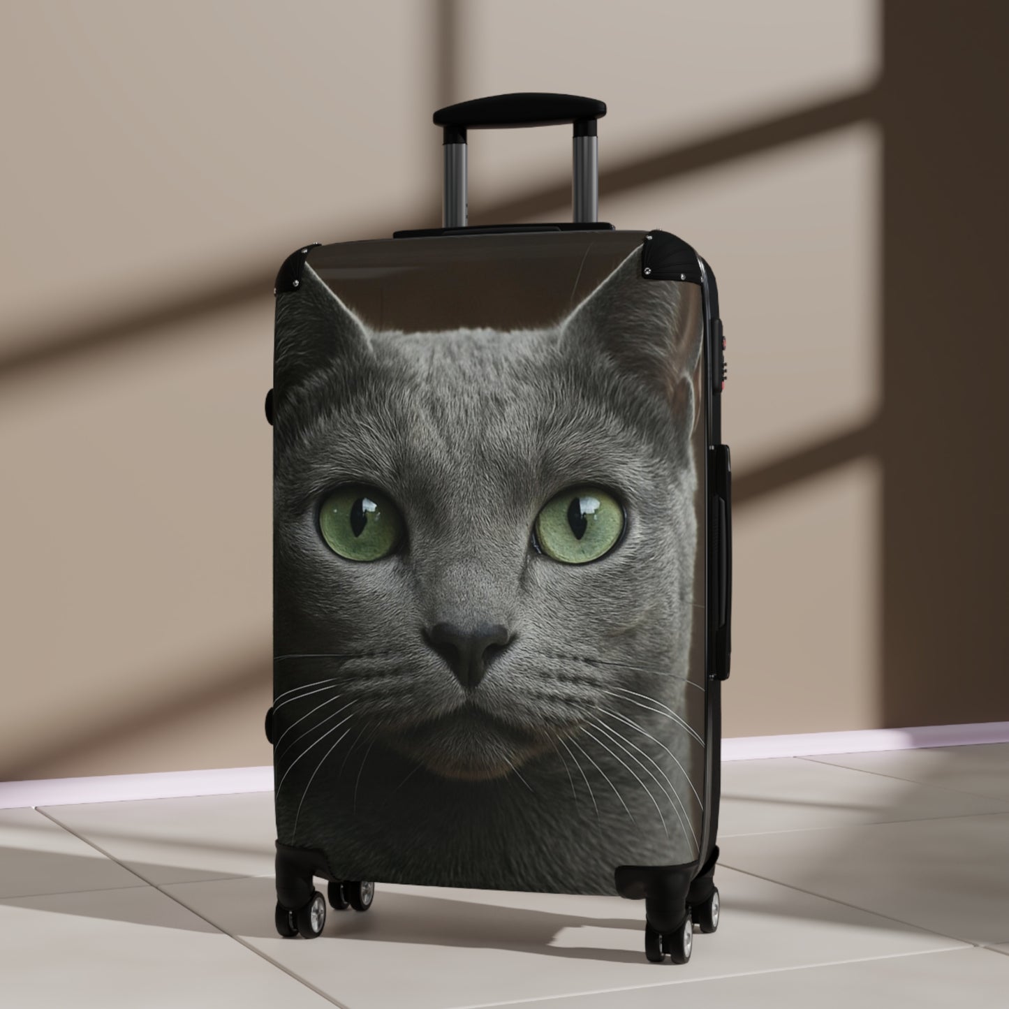 Green-Eyed Cat Carry-On Suitcase — Photo Realistic Cat Face Luggage