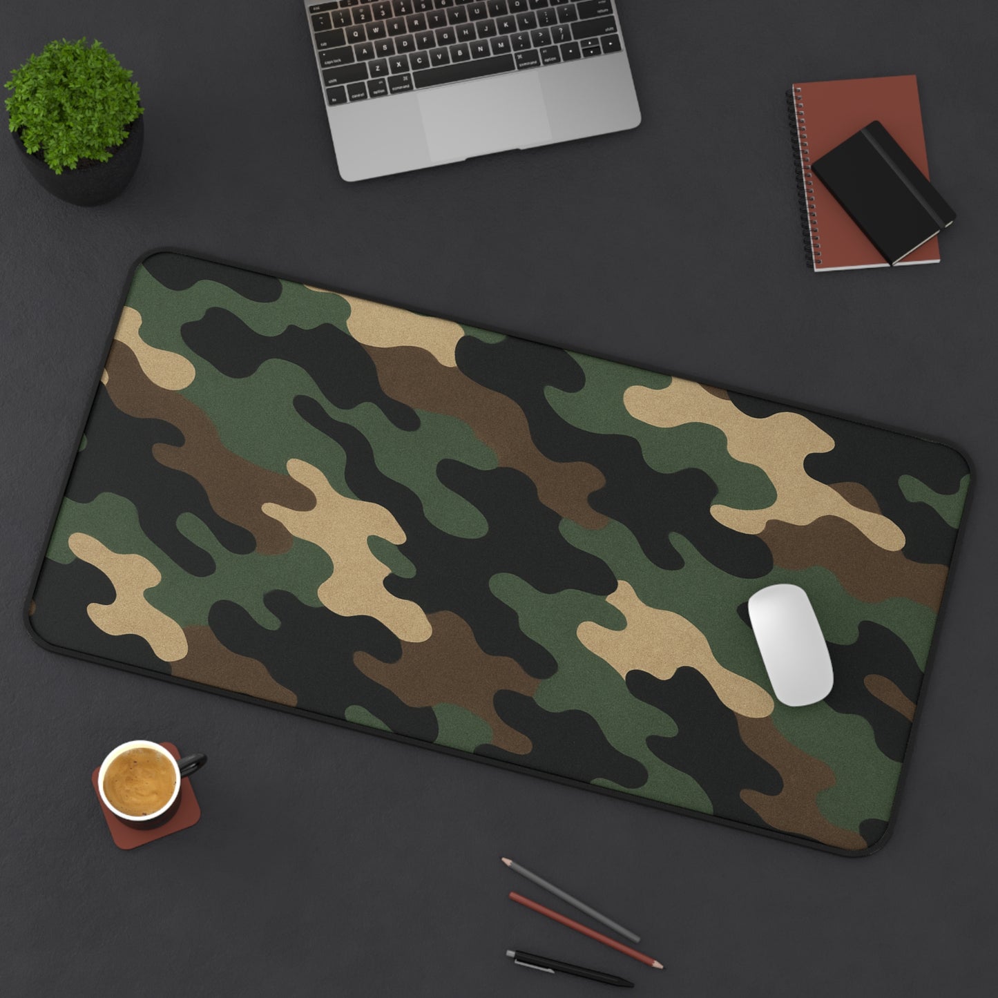 Large camouflage desk mat for office and gaming, featuring a printify brand design, with a durable surface and spacious area.