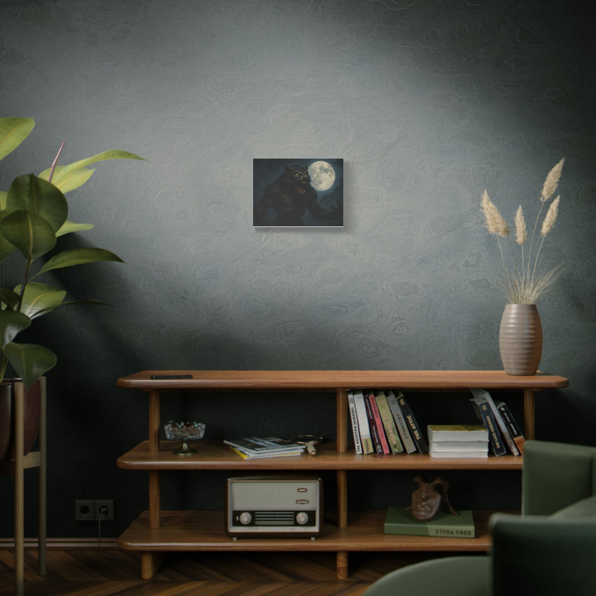 Spooky werewolf moon matte canvas print featuring a full moon and eerie silhouette, wall art by Printify.