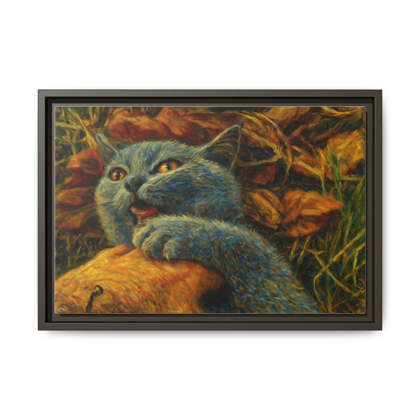 Blue cat canvas print wall art by Printify featuring a whimsical cat design, perfect as a gift for cat lovers.