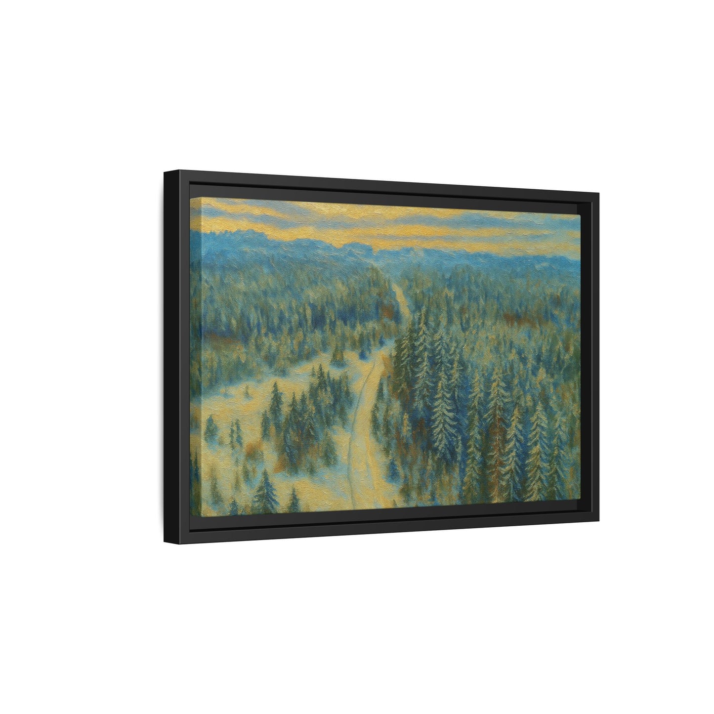 Framed matte canvas print of a serene winter forest landscape, showcasing trees and snow in a peaceful winter scene.