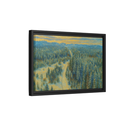 Framed matte canvas print of a serene winter forest landscape, showcasing trees and snow in a peaceful winter scene.