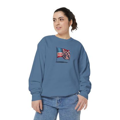 Patriotic Unisex Garment-Dyed Sweatshirt with Vintage American Flag, Cozy Fall Outfit, Statement Sweater, Gift for Veterans, Casual Fashion - TRV