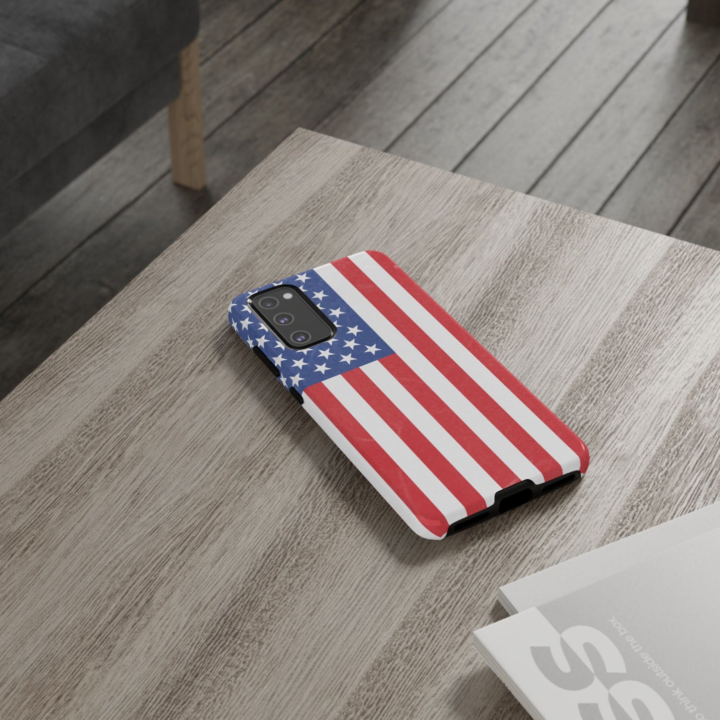 American flag tough phone case for iPhone and Samsung, patriotic protective cover with bold flag design.