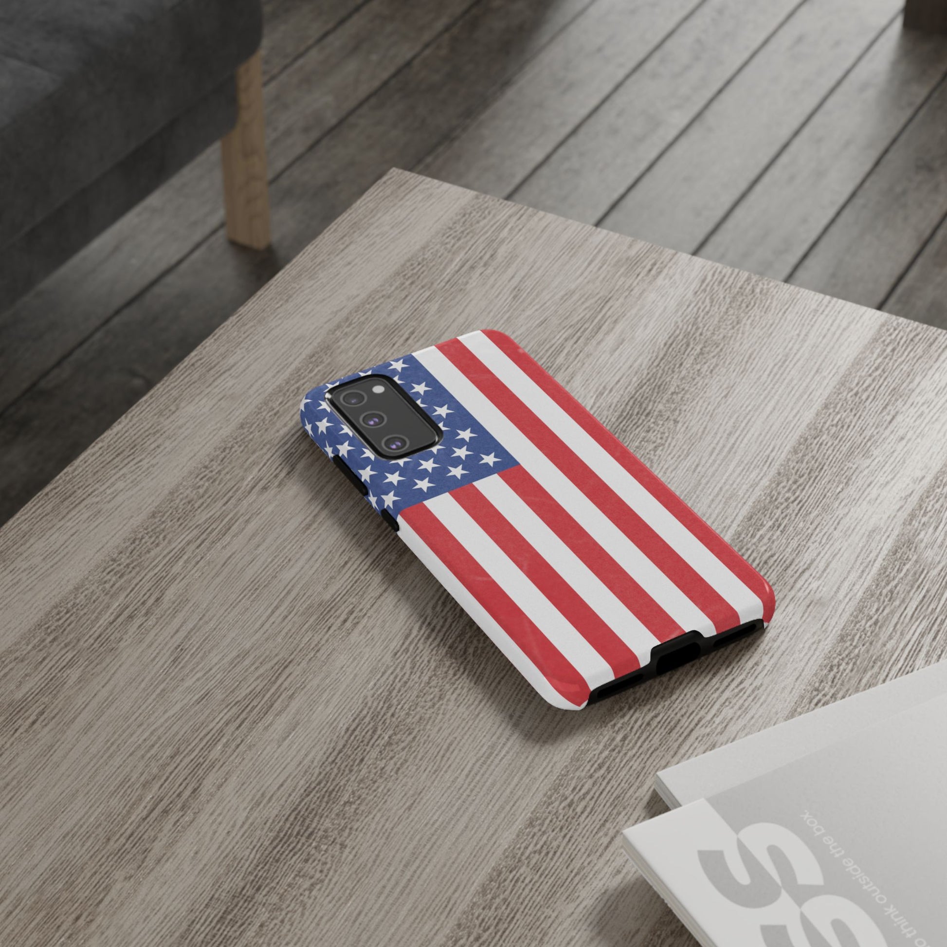 American flag tough phone case for iPhone and Samsung, patriotic protective cover with bold flag design.