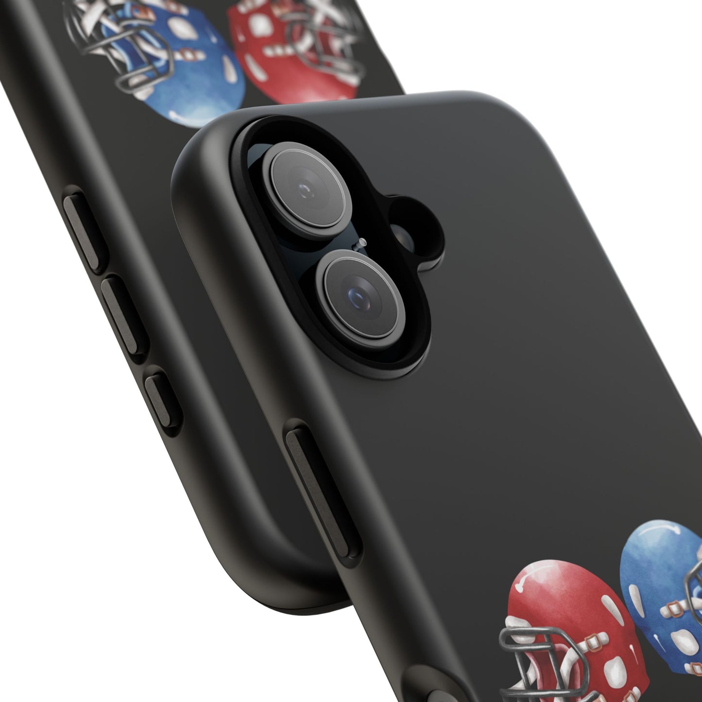 Red and blue football helmet tough phone case for iPhone, durable protective cover featuring a sports helmet design from Printify.