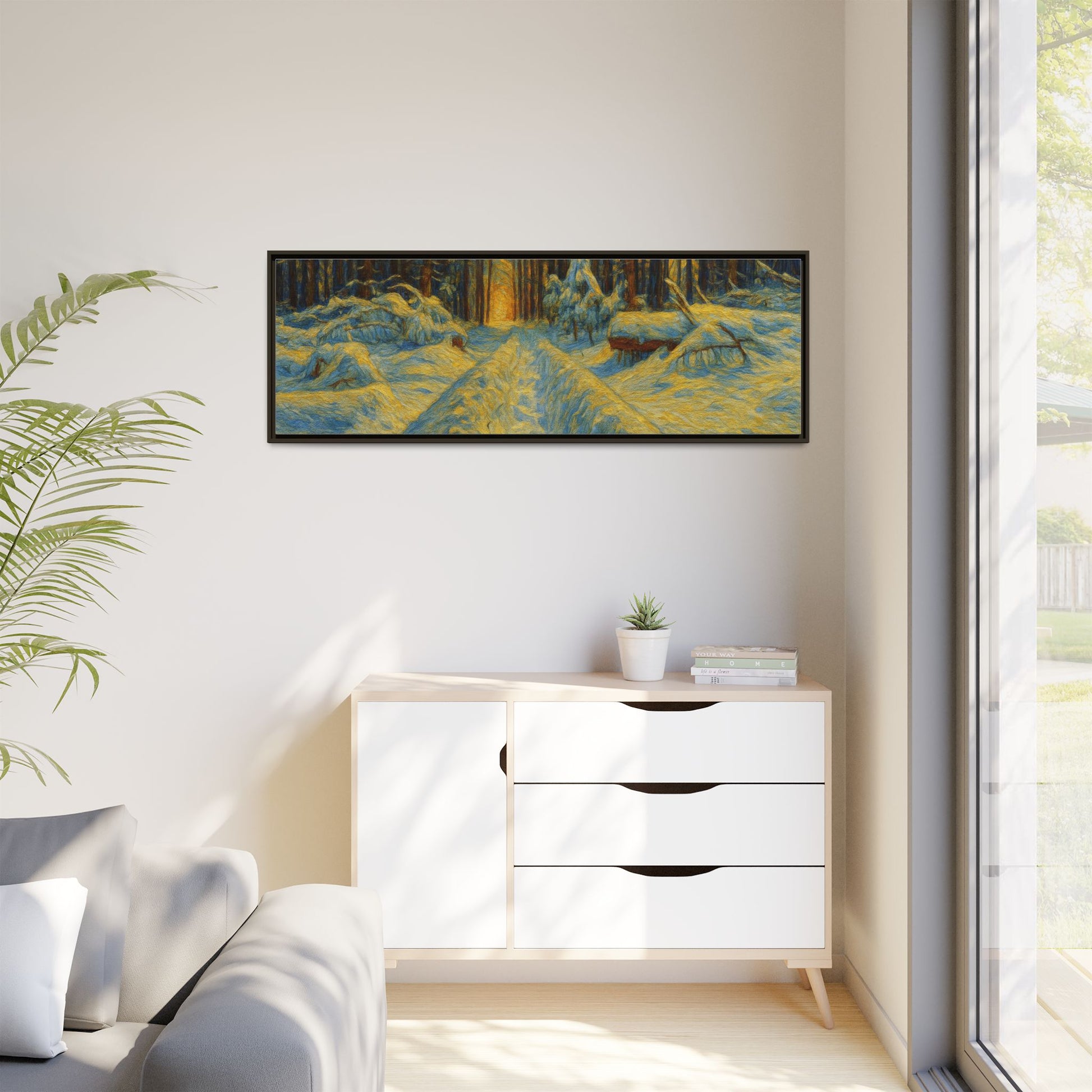 Framed matte canvas print of a snowy forest path at sunset, wall art by Printify showcasing winter landscape scenery.