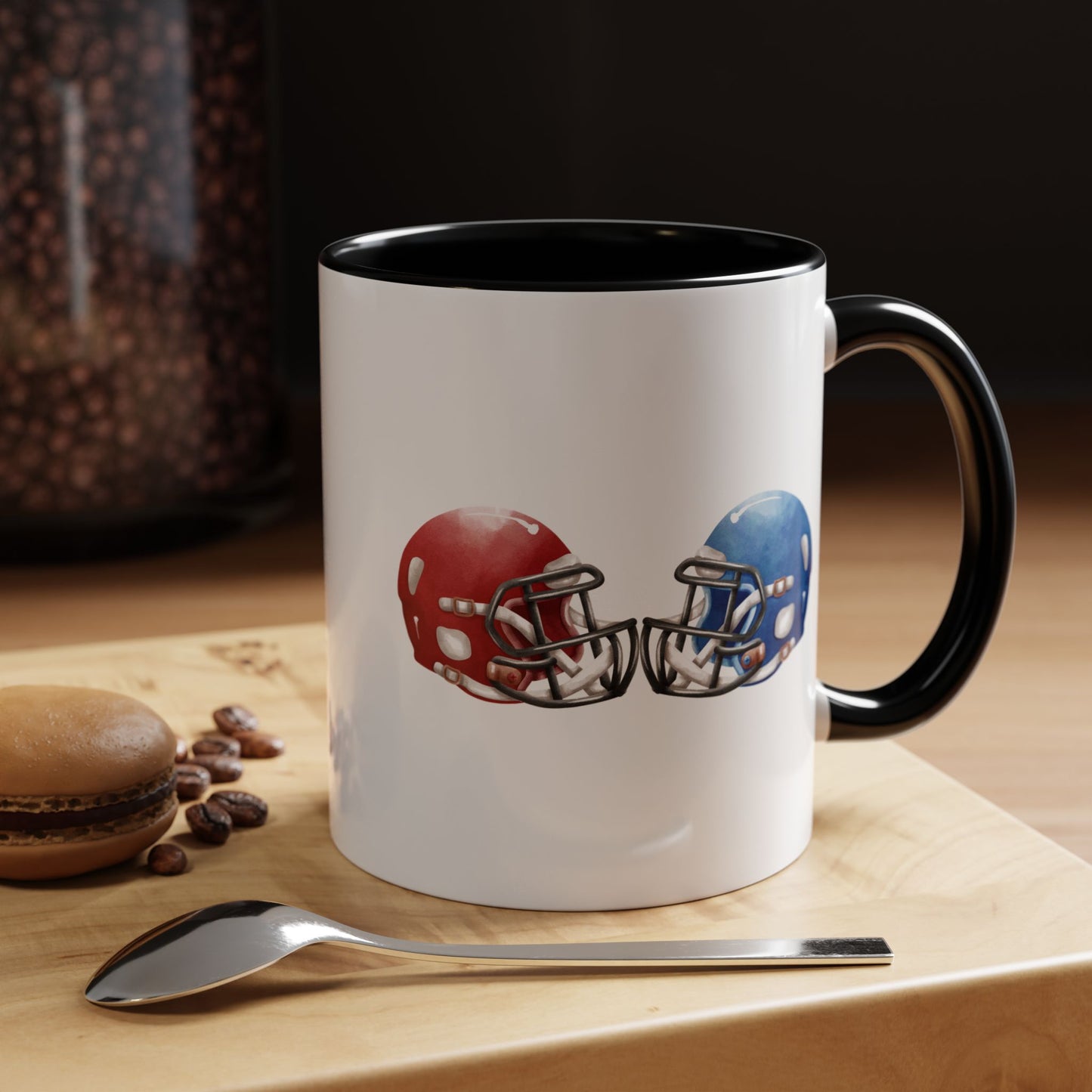 Football Helmet Coffee Mug — Red vs Blue Rivalry Accent Mug (11/15oz)