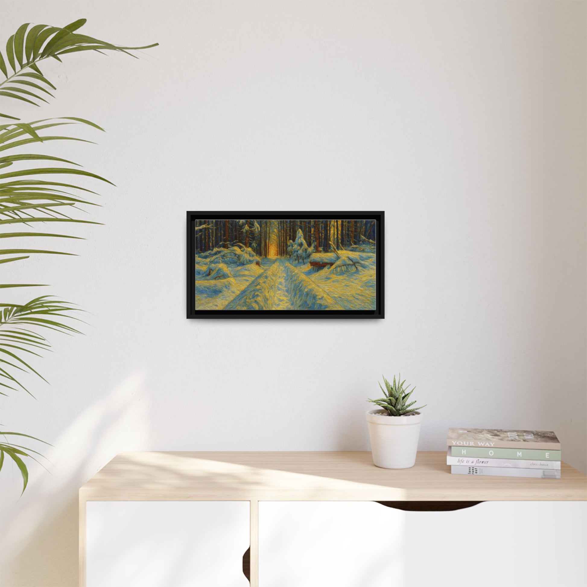 Framed matte canvas print of a snowy forest path at sunset, wall art by Printify showcasing winter landscape and serene nature scene.