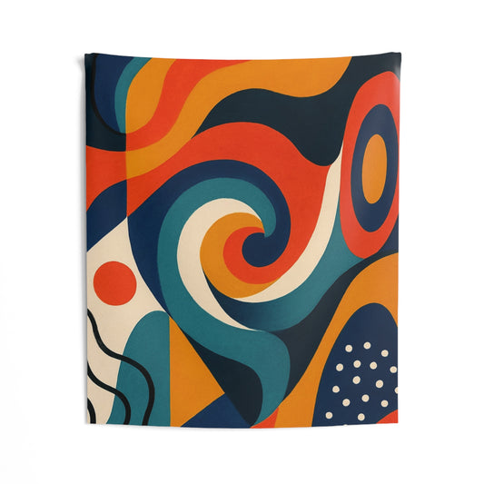 Colorful abstract retro swirl tapestry featuring vibrant geometric wall art by Printify for home decor.