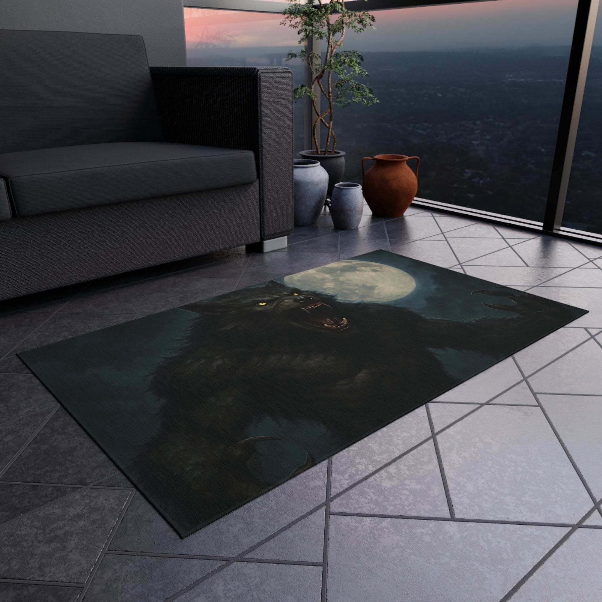 Werewolf Moon outdoor rug featuring a spooky full moon and horror-themed design, perfect for patio decor.