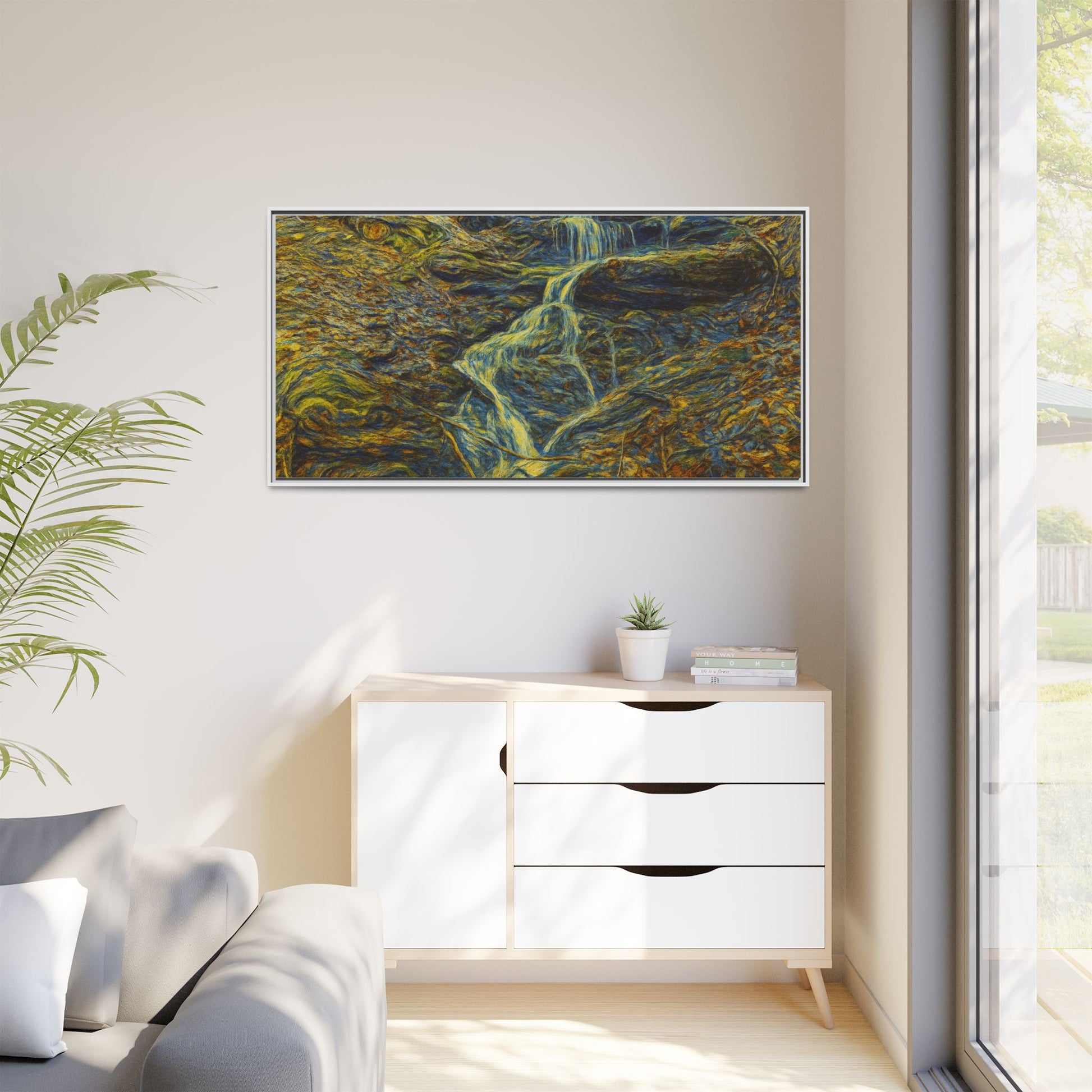 Framed matte canvas wall art of a vibrant autumn forest with a waterfall, designed by Printify for natural home decor.