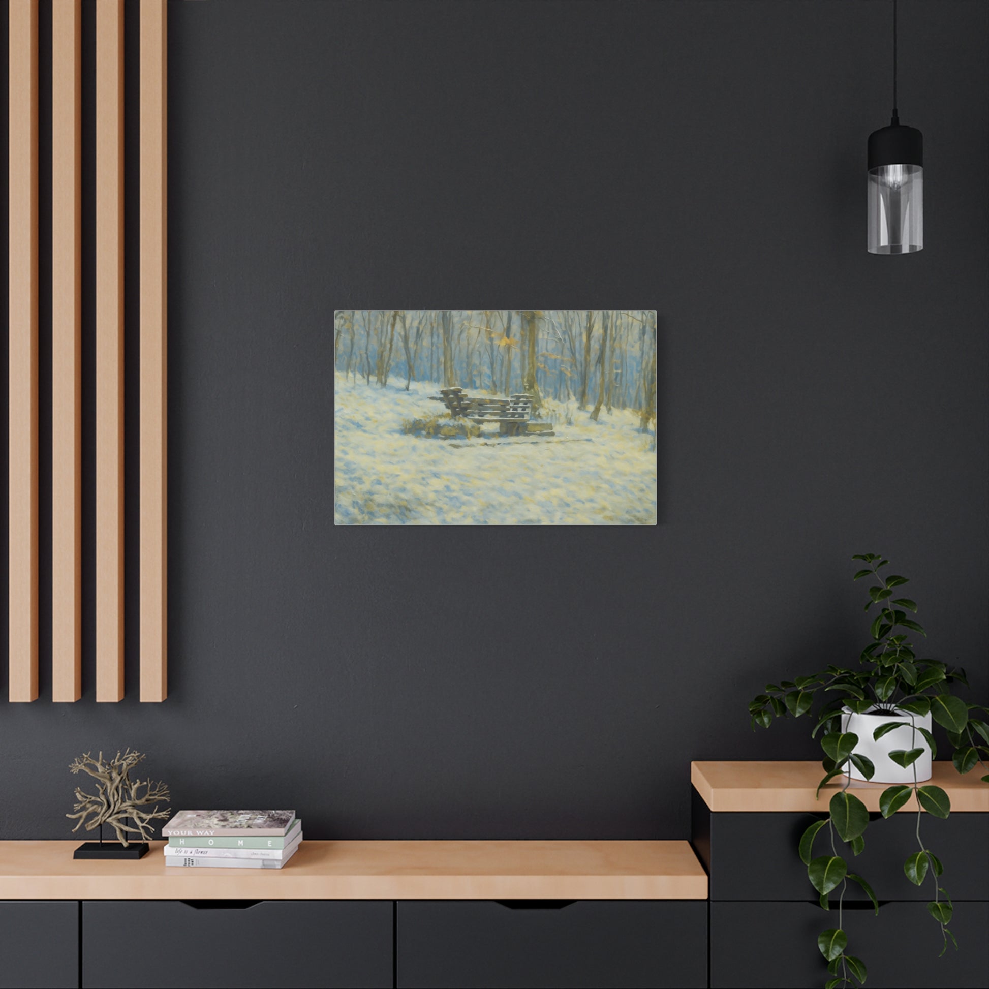 Snowy park bench canvas print by Printify featuring winter woodland scene, stretched 1.25-inch matte canvas wall art.